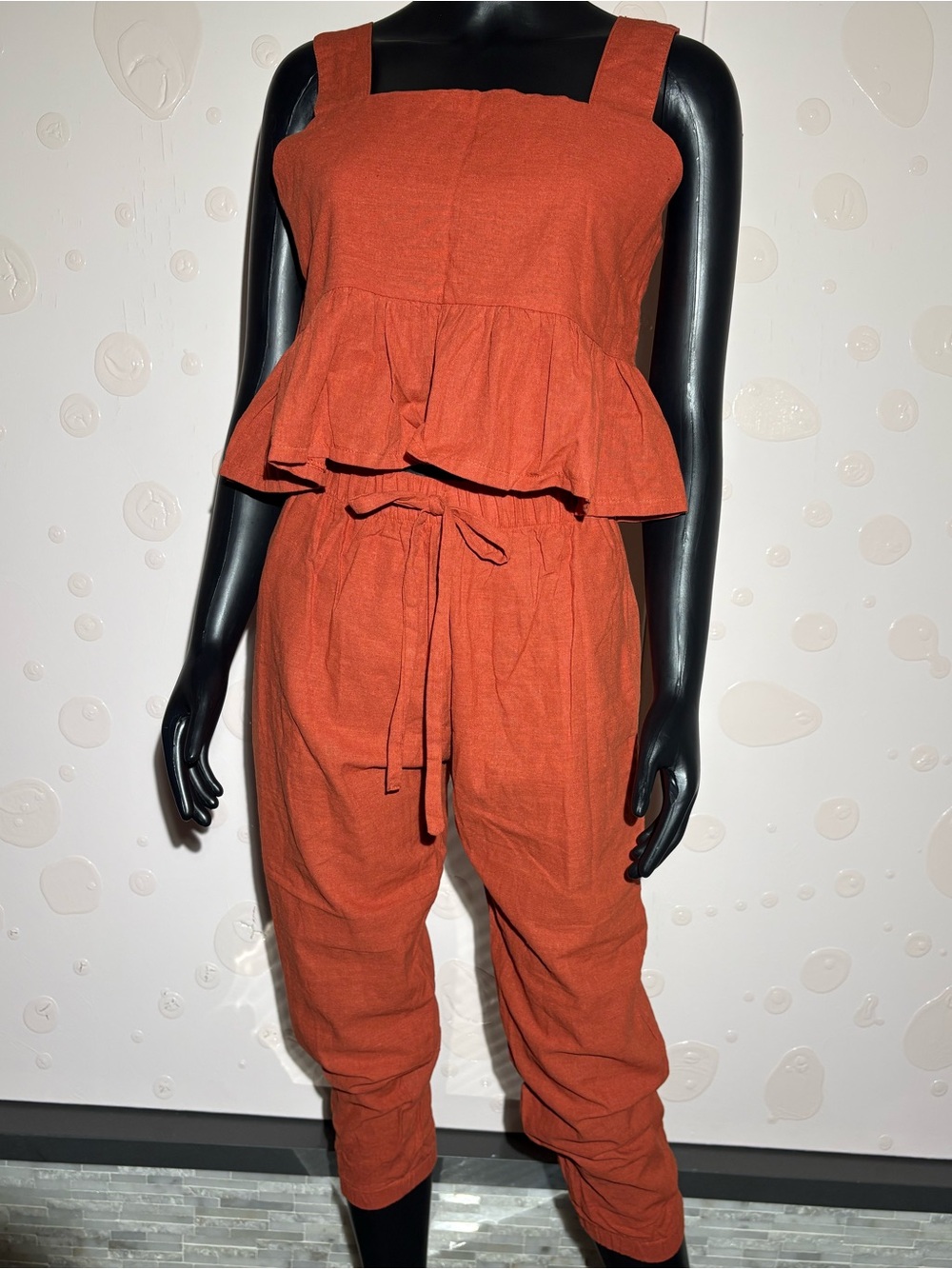 Boutique Rust Orange Linen Blend 2-Piece Set - Ruffle Crop Top & Jogger Pants